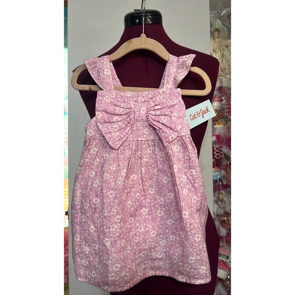 Cat & Jack Floral Baby Dress Kids 18M Pink Good Bow Ruffle Metallic Stripe